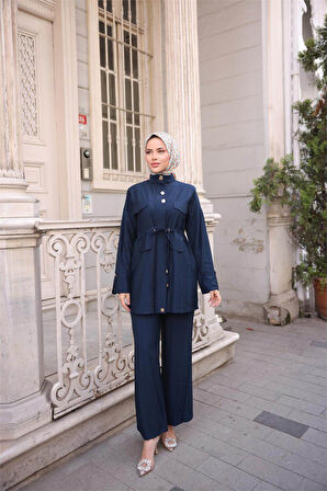 Balıkçı Yaka Belden Lastikli Cepli Metal Düğme Detaylı İkili Tesettür Eşofman Takımı - (38-46) - 71292 - Lacivert