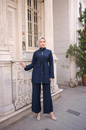 Balıkçı Yaka Belden Lastikli Cepli Metal Düğme Detaylı İkili Tesettür Eşofman Takımı - (38-46) - 71292 - Lacivert
