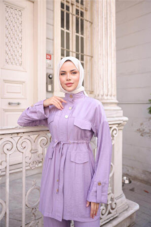 Balıkçı Yaka Belden Lastikli Cepli Metal Düğme Detaylı İkili Tesettür Eşofman Takımı - (38-46) - 71292 - Koyu Lila