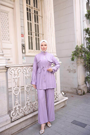 Balıkçı Yaka Belden Lastikli Cepli Metal Düğme Detaylı İkili Tesettür Eşofman Takımı - (38-46) - 71292 - Koyu Lila