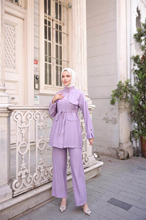 Balıkçı Yaka Belden Lastikli Cepli Metal Düğme Detaylı İkili Tesettür Eşofman Takımı - (38-46) - 71292 - Koyu Lila