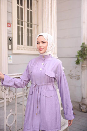 Balıkçı Yaka Belden Lastikli Cepli Metal Düğme Detaylı İkili Tesettür Eşofman Takımı - (38-46) - 71292 - Koyu Lila