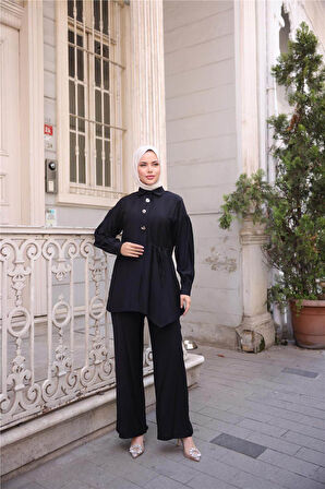 Gömlek Yaka Belden Yarı Bağcıklı Cepli Metal Düğme Detaylı İkili Tesettür Eşofman Takımı - (38-46) - 71293 - Siyah