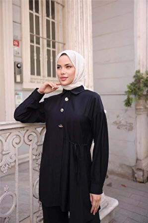 Gömlek Yaka Belden Yarı Bağcıklı Cepli Metal Düğme Detaylı İkili Tesettür Eşofman Takımı - (38-46) - 71293 - Siyah