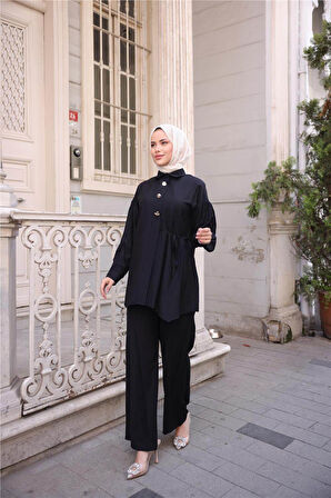 Gömlek Yaka Belden Yarı Bağcıklı Cepli Metal Düğme Detaylı İkili Tesettür Eşofman Takımı - (38-46) - 71293 - Siyah