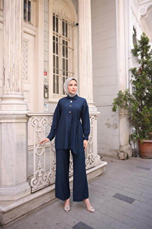 Gömlek Yaka Belden Yarı Bağcıklı Cepli Metal Düğme Detaylı İkili Tesettür Eşofman Takımı - (38-46) - 71293 - Lacivert