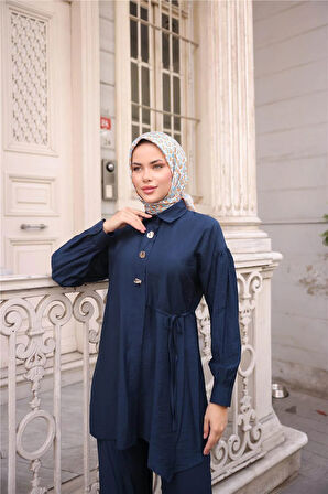 Gömlek Yaka Belden Yarı Bağcıklı Cepli Metal Düğme Detaylı İkili Tesettür Eşofman Takımı - (38-46) - 71293 - Lacivert