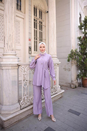 Gömlek Yaka Belden Yarı Bağcıklı Cepli Metal Düğme Detaylı İkili Tesettür Eşofman Takımı - (38-46) - 71293 - Koyu Lila