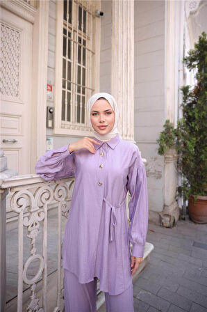 Gömlek Yaka Belden Yarı Bağcıklı Cepli Metal Düğme Detaylı İkili Tesettür Eşofman Takımı - (38-46) - 71293 - Koyu Lila