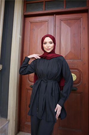 Belden Bağcıklı Büzgülü Kısa Tunik İkili Tesettür Eşofman Takımı - (38-46) - 71298 - Siyah