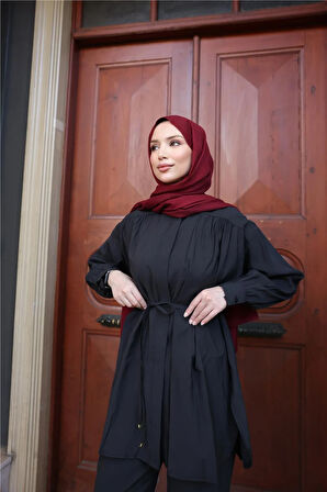 Belden Bağcıklı Büzgülü Kısa Tunik İkili Tesettür Eşofman Takımı - (38-46) - 71298 - Siyah