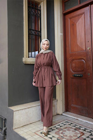 Belden Bağcıklı Büzgülü Kısa Tunik İkili Tesettür Eşofman Takımı - (38-46) - 71298 - Kahverengi