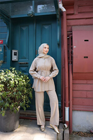 Belden Bağcıklı Büzgülü Kısa Tunik İkili Tesettür Eşofman Takımı - (38-46) - 71298 - Bej