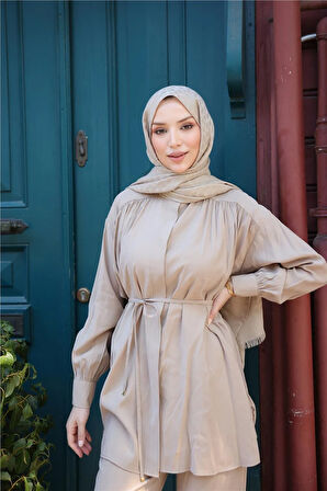 Belden Bağcıklı Büzgülü Kısa Tunik İkili Tesettür Eşofman Takımı - (38-46) - 71298 - Bej