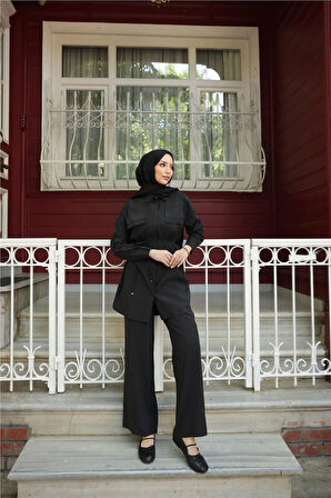 Gömlek Yaka Belden Bağcıklı Kısa Tunik İkili Tesettür Eşofman Takımı - (38-46) - 71299 - Siyah
