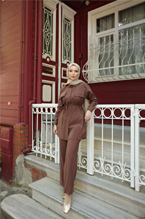 Gömlek Yaka Belden Bağcıklı Kısa Tunik İkili Tesettür Eşofman Takımı - (38-46) - 71299 - Kahverengi