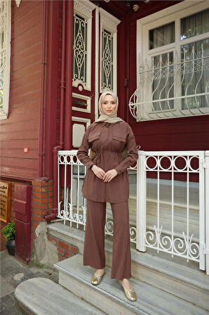 Gömlek Yaka Belden Bağcıklı Kısa Tunik İkili Tesettür Eşofman Takımı - (38-46) - 71299 - Kahverengi