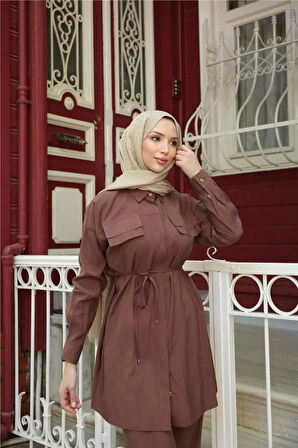 Gömlek Yaka Belden Bağcıklı Kısa Tunik İkili Tesettür Eşofman Takımı - (38-46) - 71299 - Kahverengi