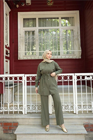 Gömlek Yaka Belden Bağcıklı Kısa Tunik İkili Tesettür Eşofman Takımı - (38-46) - 71299 - Haki