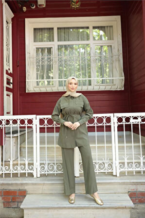 Gömlek Yaka Belden Bağcıklı Kısa Tunik İkili Tesettür Eşofman Takımı - (38-46) - 71299 - Haki