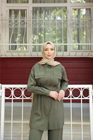 Gömlek Yaka Belden Bağcıklı Kısa Tunik İkili Tesettür Eşofman Takımı - (38-46) - 71299 - Haki