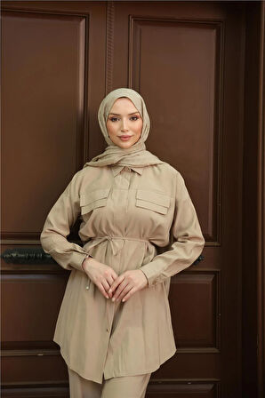 Gömlek Yaka Belden Bağcıklı Kısa Tunik İkili Tesettür Eşofman Takımı - (38-46) - 71299 - Bej