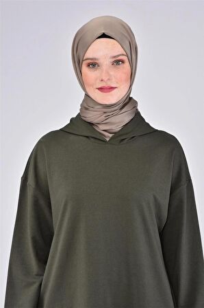 Atlas Kapşonlu Uzun Sade Basic Sweatshirt - 3007 - Haki