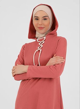 Eflin Yakadan Bağlamalı Kapşonlu Uzun Sweatshirt - 3030 - Gül Kurusu