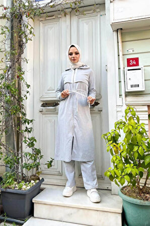 Kapşonlu Fermuarlı Belden Beyaz Bağcıklı Sade Basic İkili Spor Takımı - 03074-1.008 - Gri