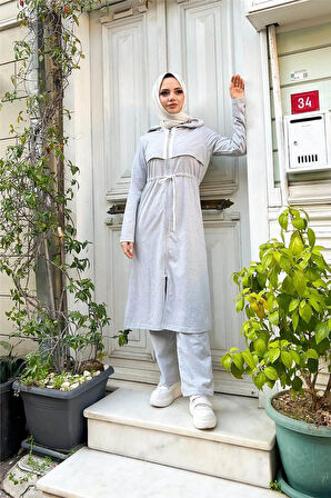 Kapşonlu Fermuarlı Belden Beyaz Bağcıklı Sade Basic İkili Spor Takımı - 03074-1.008 - Gri