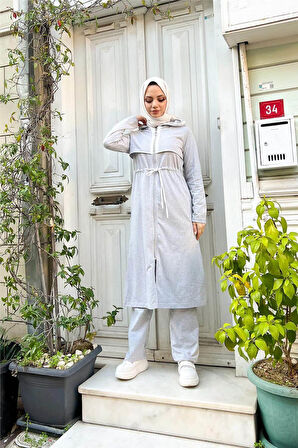 Kapşonlu Fermuarlı Belden Beyaz Bağcıklı Sade Basic İkili Spor Takımı - 03074-1.008 - Gri