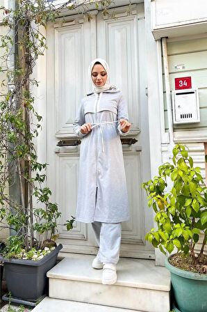 Kapşonlu Fermuarlı Belden Beyaz Bağcıklı Sade Basic İkili Spor Takımı - 03074-1.008 - Gri