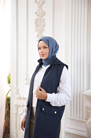 Kapşonlu Fermuarlı Cepli Kolsuz Önden Cepli Kapitone Uzun Yelek - (38-46) - 71309 - Lacivert