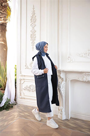 Kapşonlu Fermuarlı Cepli Kolsuz Önden Cepli Kapitone Uzun Yelek - (38-46) - 71309 - Lacivert