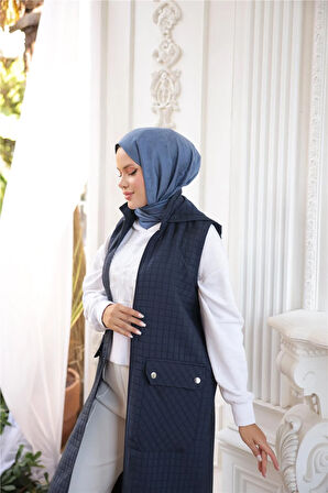 Kapşonlu Fermuarlı Cepli Kolsuz Önden Cepli Kapitone Uzun Yelek - (38-46) - 71309 - Lacivert