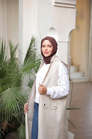 Kapşonlu Fermuarlı Cepli Kolsuz Önden Cepli Kapitone Uzun Yelek - (38-46) - 71309 - Bej