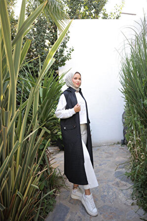 Kapşonlu Fermuarlı Cepli Kolsuz Önden Cepli Kapitone Uzun Yelek - (38-46) - 71309 - Siyah