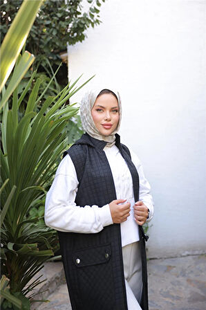 Kapşonlu Fermuarlı Cepli Kolsuz Önden Cepli Kapitone Uzun Yelek - (38-46) - 71309 - Siyah