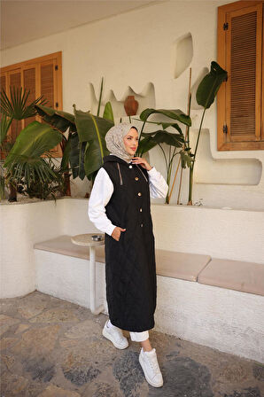 Kapşonlu Çıtçıtlı Kolsuz Cepli Uzun Kapitone Yelek - (38-46) - 71306 - Siyah