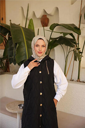 Kapşonlu Çıtçıtlı Kolsuz Cepli Uzun Kapitone Yelek - (38-46) - 71306 - Siyah