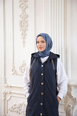 Kapşonlu Çıtçıtlı Kolsuz Cepli Uzun Kapitone Yelek - (38-46) - 71306 - Lacivert