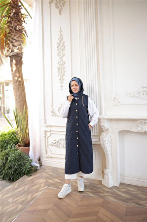 Kapşonlu Çıtçıtlı Kolsuz Cepli Uzun Kapitone Yelek - (38-46) - 71306 - Lacivert