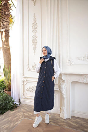 Kapşonlu Çıtçıtlı Kolsuz Cepli Uzun Kapitone Yelek - (38-46) - 71306 - Lacivert