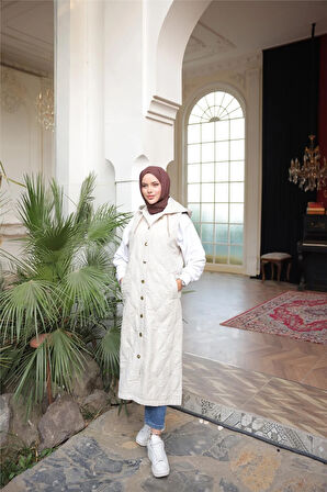 Kapşonlu Çıtçıtlı Kolsuz Cepli Uzun Kapitone Yelek - (38-46) - 71306 - Bej