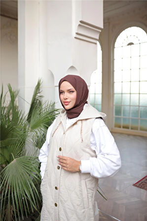 Kapşonlu Çıtçıtlı Kolsuz Cepli Uzun Kapitone Yelek - (38-46) - 71306 - Bej