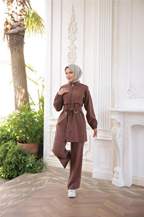 Balıkçı Yaka Belden Bağcıklı Fermuarlı İkili Tesettür Eşofman Takımı - (38-46) - 71301 - Kahverengi