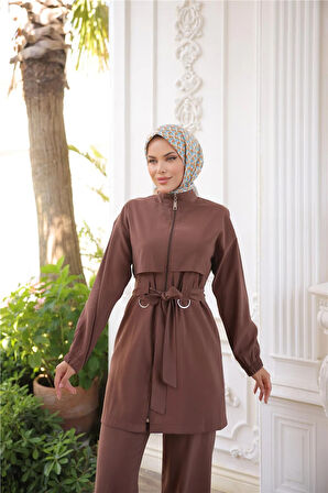 Balıkçı Yaka Belden Bağcıklı Fermuarlı İkili Tesettür Eşofman Takımı - (38-46) - 71301 - Kahverengi