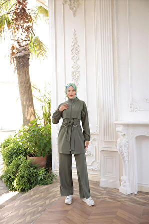 Balıkçı Yaka Belden Bağcıklı Fermuarlı İkili Tesettür Eşofman Takımı - (38-46) - 71301 - Haki