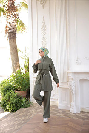 Balıkçı Yaka Belden Bağcıklı Fermuarlı İkili Tesettür Eşofman Takımı - (38-46) - 71301 - Haki