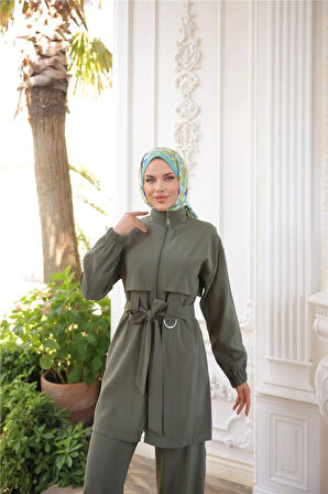 Balıkçı Yaka Belden Bağcıklı Fermuarlı İkili Tesettür Eşofman Takımı - (38-46) - 71301 - Haki
